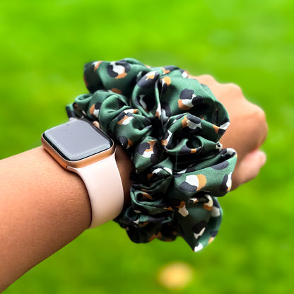 Satin Scrunchies - Green Leopard Spots