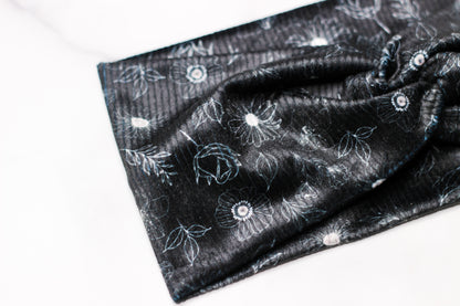 Ribbed Velvet Twisted Headband - Black Floral - Adult Size