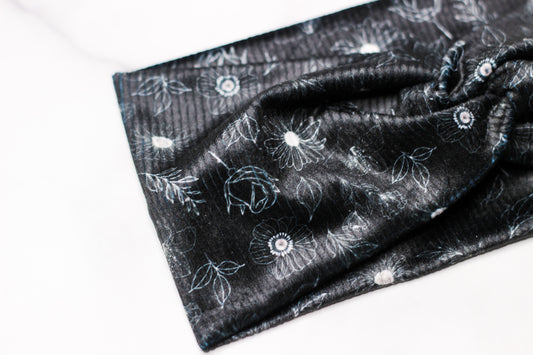 Ribbed Velvet Twisted Headband - Black Floral - Adult Size