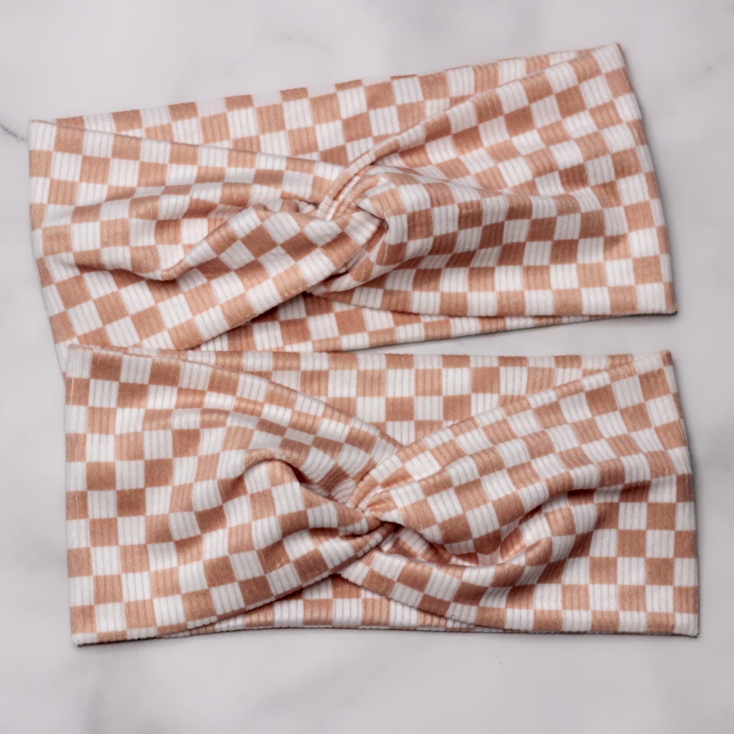 Ribbed Velvet Twisted Headband - Tan/Brown Checkered - Adult Size
