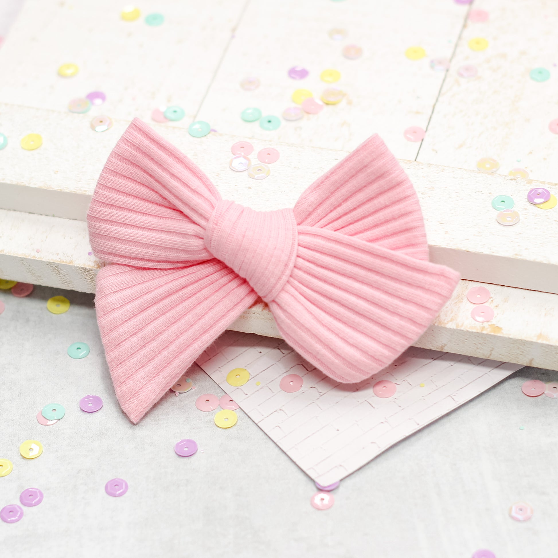 hand tied bow -  spring rib knit pink