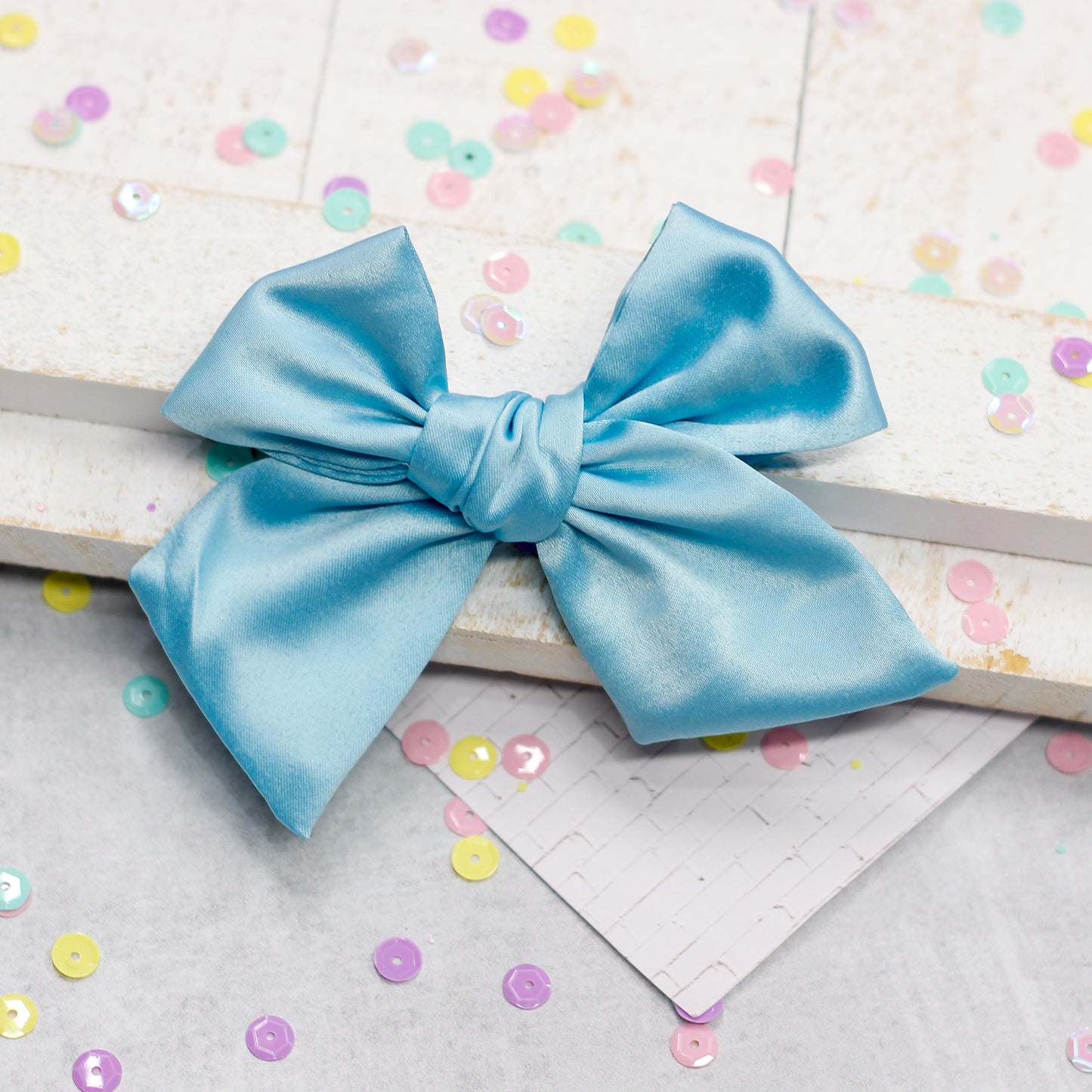 hand tied bow -  spring satin blue